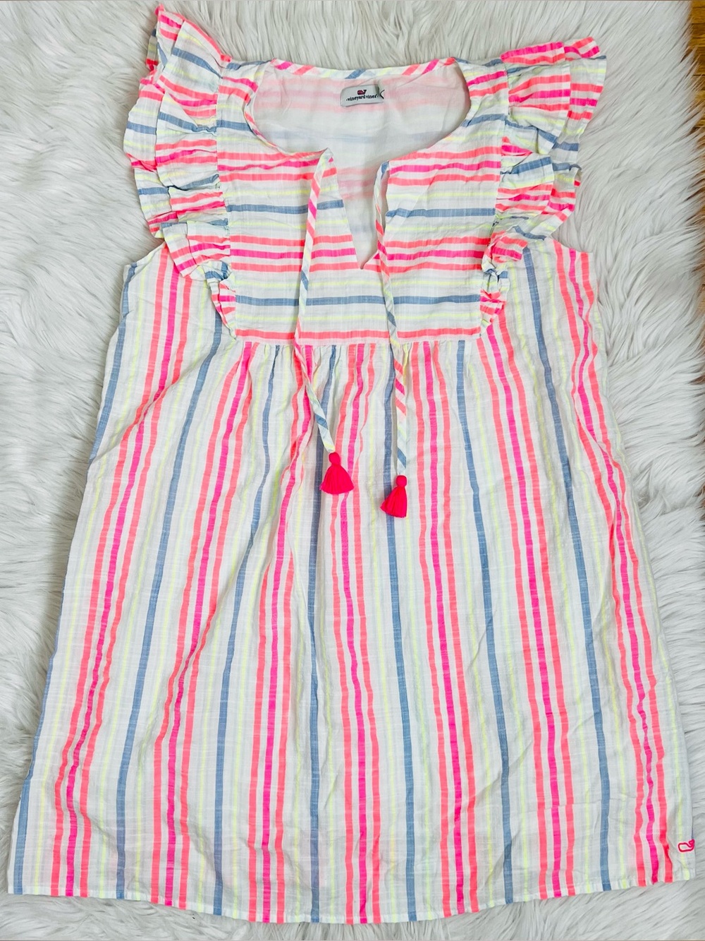 NWOT! Vineyard Vines Beachy Stripe Tunic Cotton Blend Ruffle Sleeve Tassel Sz M